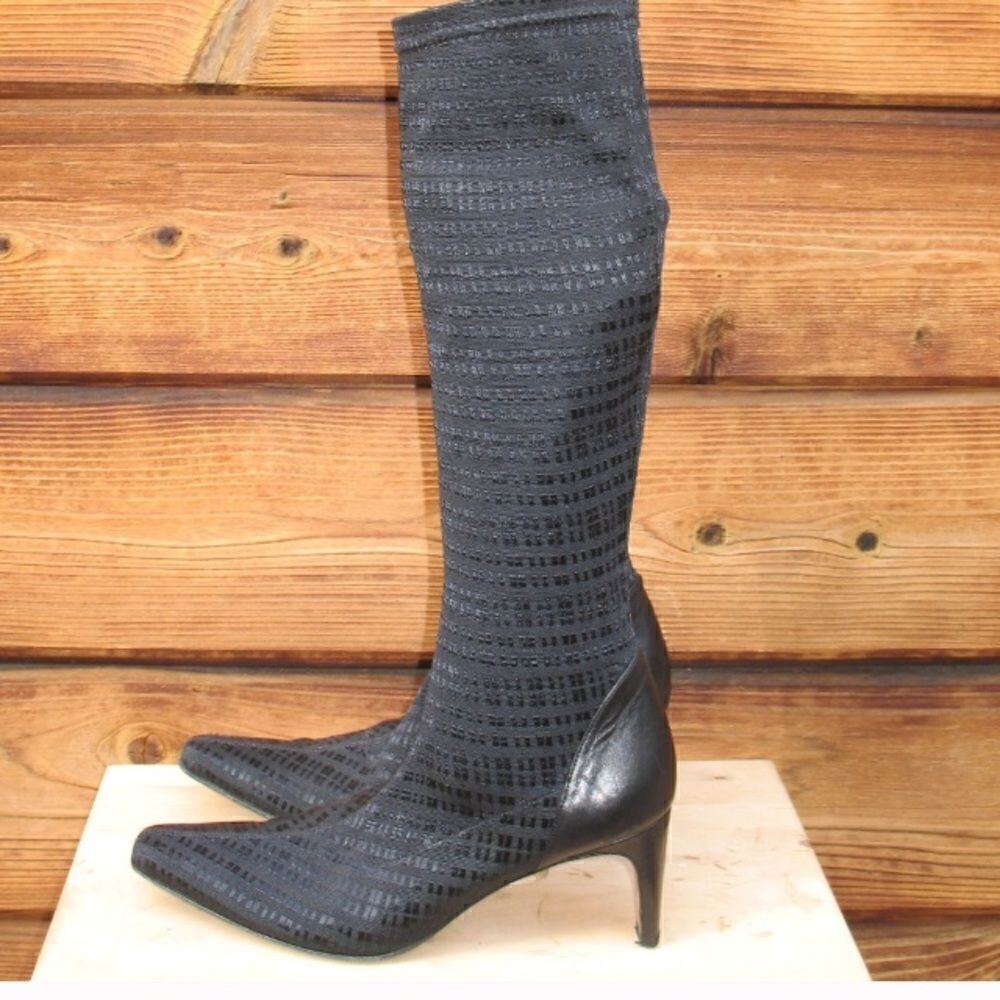 PREVATA Black Fabric Stretch Knee High Boots
